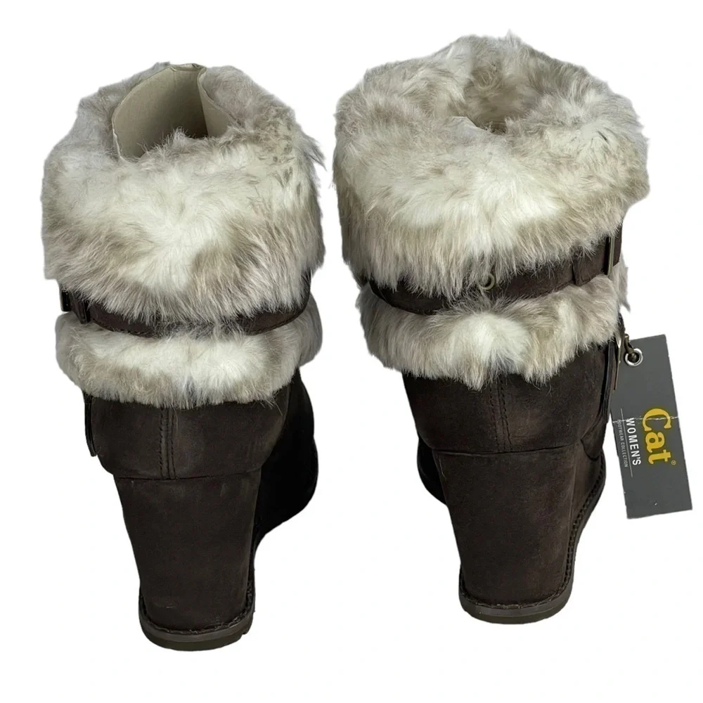 CATERPILLAR CAT BOISTEROUS FAUX FUR CAFE BROWN SUEDE WEDGE WINTER BOOTIES BOOTS